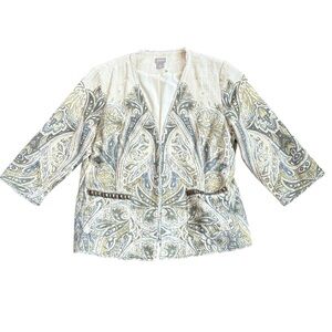 Chico’s Heritage Tweed Blazer Jacket Women’s L (12-14) Cream Embellished Art